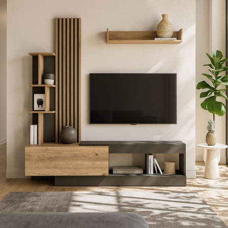 Σύνθεση Τηλεόρασης Vermont Megapap Χρώμα Ανθρακί - Sepet oak 180x40x193,8εκ.