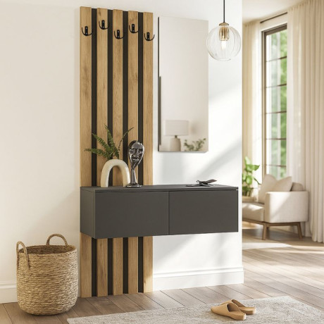 Έπιπλο Εισόδου Kanso Megapap Χρώμα Ανθρακί - Sepet oak 100x35x196,7εκ.