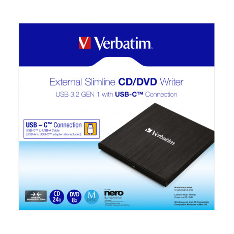 Verbatim External Slimline cd-dvd Writer-Reader, usb 3.2 - 43886