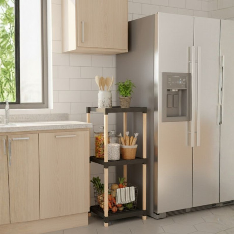 Ραφιέρα Δαπέδου Πλαστική - Ξύλινη Χρώμα Φυσικό - Μαύρο 28x25x72εκ.