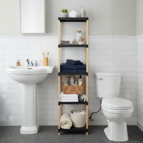 Ραφιέρα Δαπέδου Πλαστική - Ξύλινη Χρώμα Φυσικό - Μαύρο 28x25x137εκ.