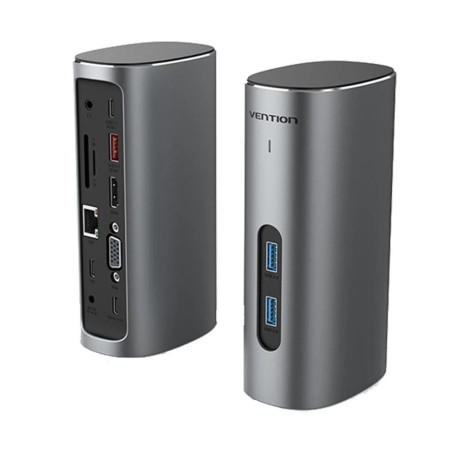 Vention Type-c to Hdmi/vga/usb 3.1 gen 2/usb 3.1 gen 2-C/usb 3.0x2/rj45/sd/tf/trrs 3.5mm/pd 100w/dc 10w Docking Station Gray Vertical Aluminum Alloy Type (Tpjh0-eu) (Ventpjh0-eu)