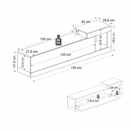 Έπιπλο Τηλεόρασης Επιτοίχιο Volare Megapap Χρώμα Λευκό εφέ Μαρμάρου - Sapphire oak 150x29,6x38,6εκ.