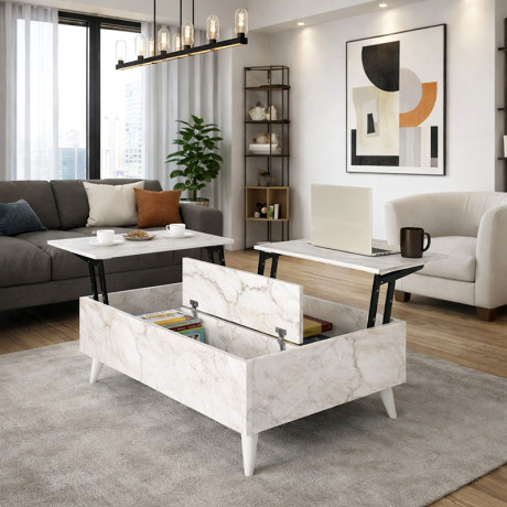 Τραπεζάκι Σαλονιού roy Megapap με Σερβιτόρο Χρώμα Λευκό εφέ Μαρμάρου 121x69x40εκ.