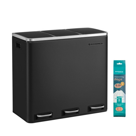 Songmics Μεταλλικός Τριπλός Κάδος Απορριμμάτων από Ανοξείδωτο Ατσάλι με 3 Πεντάλ και Σύστημα Soft-Close 54 lt Χρώματος Μαύρο (Ltb54bk) (Sngltb54bk)