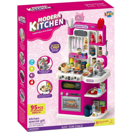 Κουζινα 92εκ με φωσ , ηχο και Σπρει Νερου ροζ 95τμχ  49χ13χ66εκ Luna