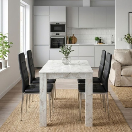 Σετ Τραπεζαρία 5τμχ Darlen - Rosa Megapap Χρώμα Λευκό εφέ Μαρμάρου - Μαύρο/χρωμίου Πόδι 125x72x74εκ.