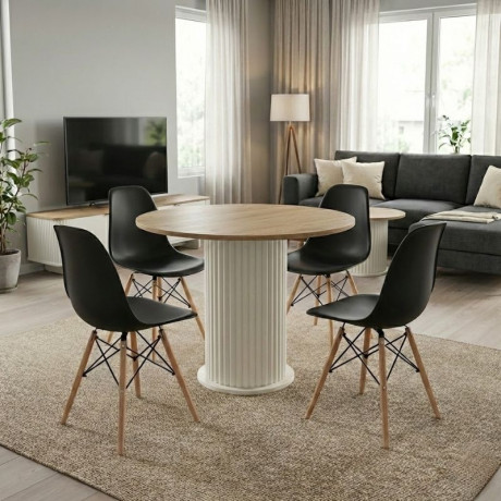 Σετ Τραπεζαρία 5τμχ Bohema - Nova Megapap Χρώμα Ivory/sepet oak - Μαύρο Ø90x77,7εκ.