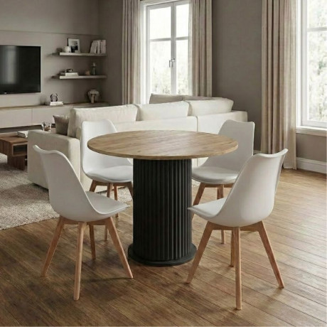 Σετ Τραπεζαρία 5τμχ Bohema - Viva Megapap Χρώμα Μαύρο/sepet oak - Λευκό/φυσικό Πόδι Ø90x77,7εκ.