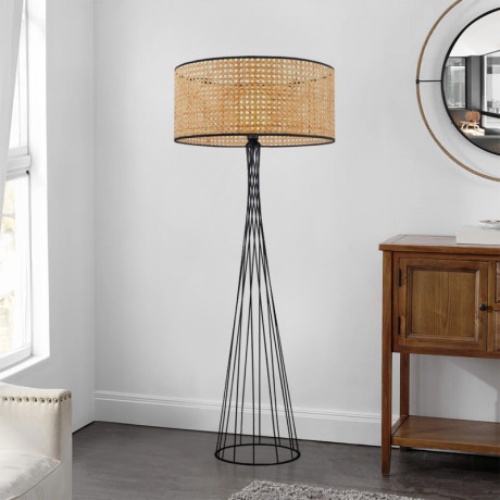 Φωτιστικό Δαπέδου Solin Megapap e27 Μεταλλικό - Ρατάν Χρώμα Μαύρο - Φυσικό Ø38x140εκ.