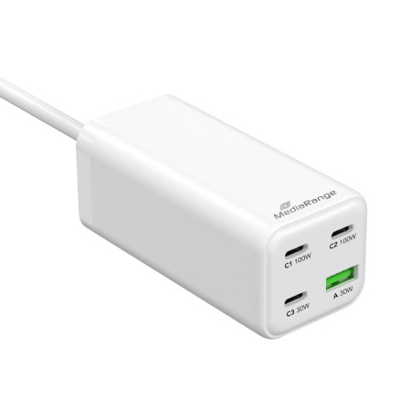 Mediarange 100w gan Fast Charging Station, 1.5m Cable (eu-Plug), 3x usb-c and 1x usb-a, usb-c® Power Delivery and Quick Charge Enabled, White (Mrma124)