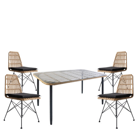 Σετ Τραπεζαρία Κήπου ArteLibre ANNIUS Φυσικό/Μαύρο Μέταλλο/Rattan/Γυαλί Με 4 Καρέκλες 14990289