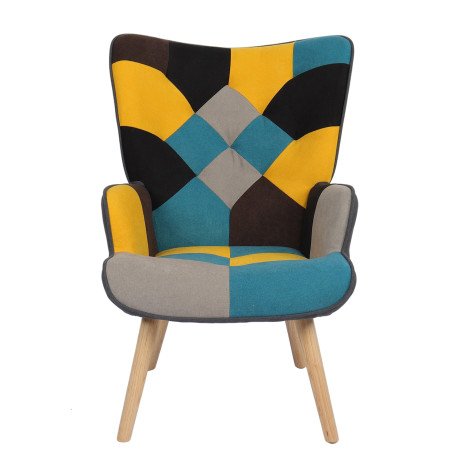 Πολυθρόνα ArteLibre BRIAR Κίτρινο/Μπλε Patchwork Ύφασμα/Ξύλο 73x69x96cm