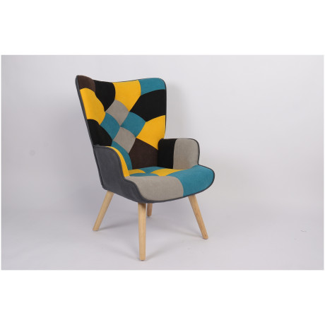 Πολυθρόνα ArteLibre BRIAR Κίτρινο/Μπλε Patchwork Ύφασμα/Ξύλο 73x69x96cm