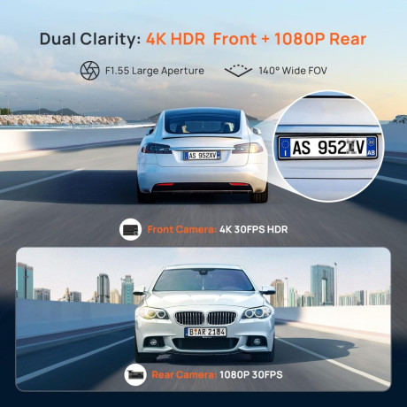 70mai A800se-1 Front & Rear Dash cam 4k w. 3inch Screen set w. Rearview cam - 2160p 140fov