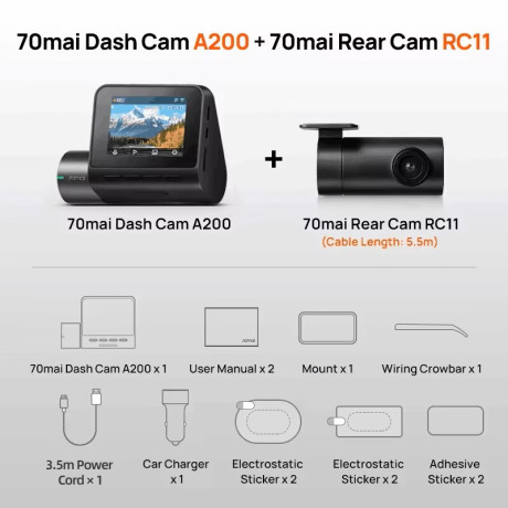 70mai A200-1 Front & Rear Dash cam w. Screen, set With Rc11 Rearview Camera, 1080p 60fps 130fov 500m