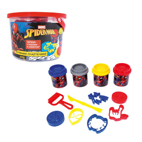 AS Πλαστελίνη Marvel Spiderman Κουβαδάκι Με 4 Βαζάκια Και 8 Εργαλεία 200g 3+ Χρονών