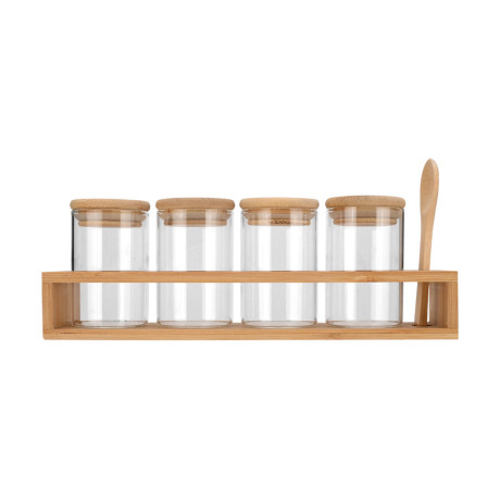Estia Δοχεια Μπαχαρικων Γυαλινα σετ 5 τεμ 27x6.5x12.5cm με Βαση Bamboo και Κουταλι