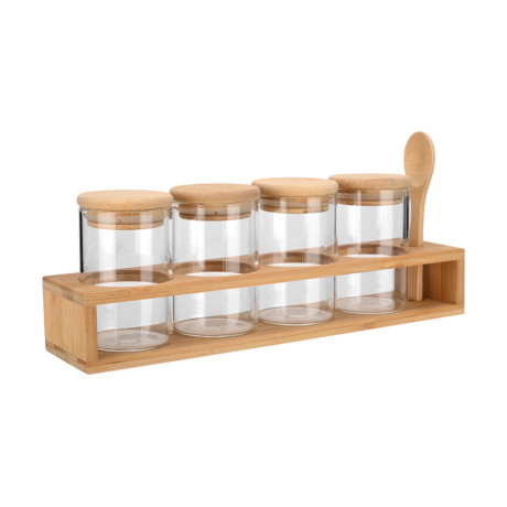 Estia Δοχεια Μπαχαρικων Γυαλινα σετ 5 τεμ 27x6.5x12.5cm με Βαση Bamboo και Κουταλι
