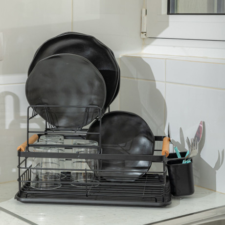 Estia Πιατοθηκη Bamboo Essentials Διωροφη Μεταλλικη Μαυρη με Bamboo Λαβες