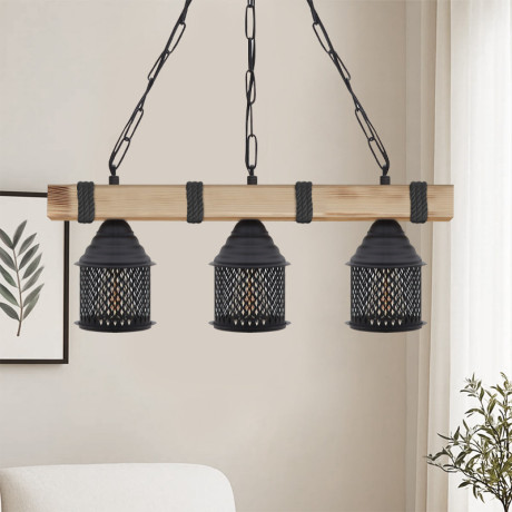 Φωτιστικό Οροφής Elora Megapap e27 Ξύλινο - Μεταλλικό Τρίφωτο Χρώμα Φυσικό - Μαύρο 50x13x75εκ.