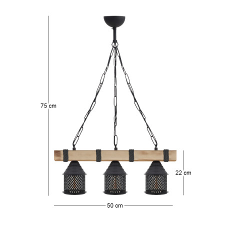 Φωτιστικό Οροφής Elora Megapap e27 Ξύλινο - Μεταλλικό Τρίφωτο Χρώμα Φυσικό - Μαύρο 50x13x75εκ.