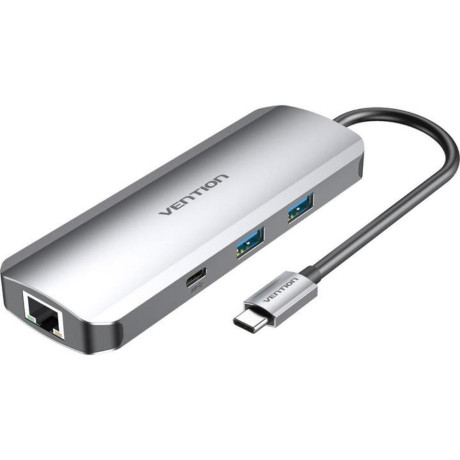Vention Multi-Function usb-c to Hdmi/usb-c gen 1/usb3.0x2/rj45/sd/tf/trrs 3.5mm/pd Docking Station 0.15m Gray Aluminum Alloy Type (Tomhb) (Ventomhb)