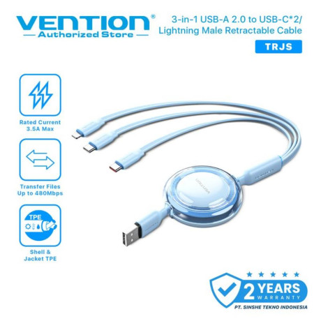 Vention 3-in-1 usb 2.0 Type-a Male to usb-c Male + usb-c Male + Lightning Male 3.5a Retractable Cable 1.1m Blue (Trjsbe) (Ventrjsbe)