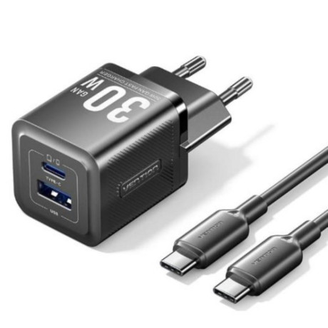 Vention 2-Port usb (c + a) gan Charger (30w/30w) With usb-c to usb-c Cable (1m) eu-Plug Black (tz-Feqb0-eu-01) (Ventz-Feqb0-eu-01)