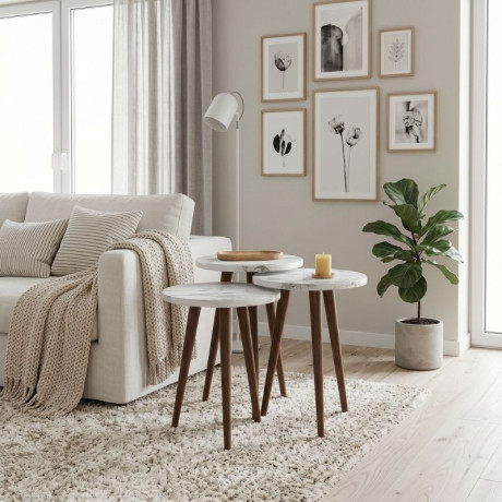 Τραπεζάκι Βοηθητικό σετ 3 τμχ Cruz Megapap Χρώμα Λευκό εφέ Μαρμάρου Ø33x46εκ.