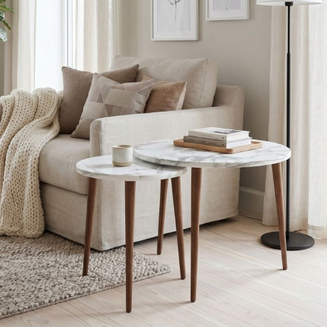 Τραπεζάκι Σαλονιού σετ 2 τμχ Nola Megapap Χρώμα Λευκό εφέ Μαρμάρου Ø60x46εκ.