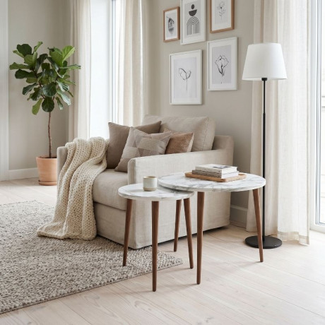 Τραπεζάκι Σαλονιού σετ 2 τμχ Nola Megapap Χρώμα Λευκό εφέ Μαρμάρου Ø60x46εκ.