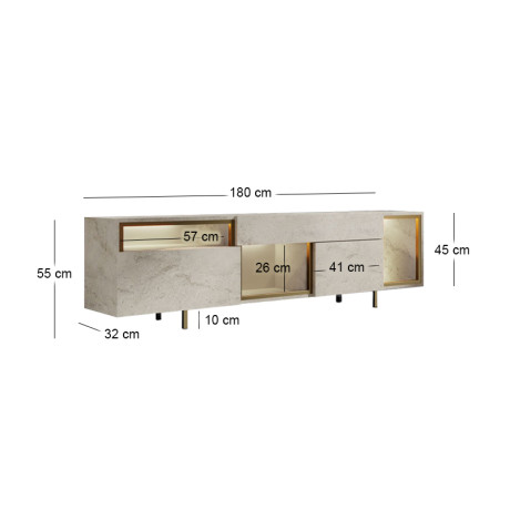 Έπιπλο Τηλεόρασης Norm Megapap με led rgb Χρώμα Travertine - Χρυσό 180x32x55εκ.
