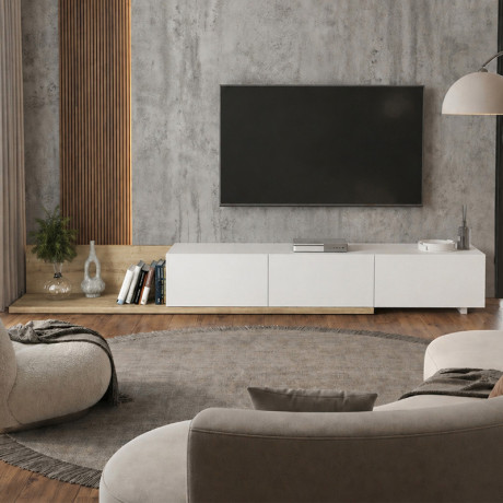Έπιπλο Τηλεόρασης Enstey Megapap Επεκτεινόμενο Χρώμα Sapphire oak - Λευκό 260x41,8x33,5εκ.