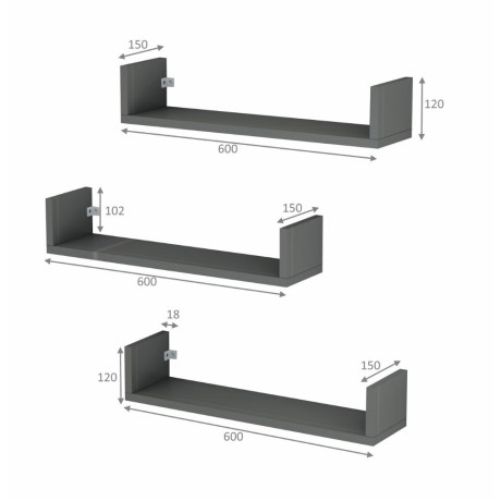 Ραφιέρα Τοίχου Dark Megapap 3 Τεμαχίων Χρώμα Ανθρακί 60x15x12εκ.