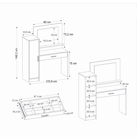 Τουαλέτα με Καθρέπτη Kaunos Megapap Χρώμα Λευκό 123,8x40x148,2εκ.