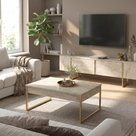 Τραπεζάκι Σαλονιού Orontes Megapap Χρώμα Travertine - Χρυσό 90x59,6x40εκ.