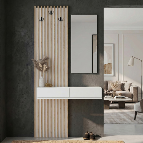 Έπιπλο Εισόδου Elois Megapap Χρώμα Λευκό - Sepet oak 96,6x26,8x195,5εκ.