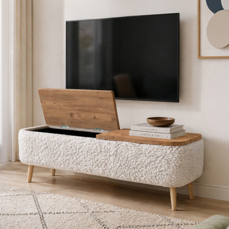 Έπιπλο Τηλεόρασης Luno Megapap Ύφασμα Teddy Χρώμα Λευκό - Pine oak 120x30x45εκ.