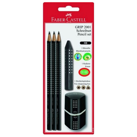 Μολύβια Faber Castell Σετ Grip 2001 με Γόμα Ξύστρα Μαύρο 5τμχ 217093