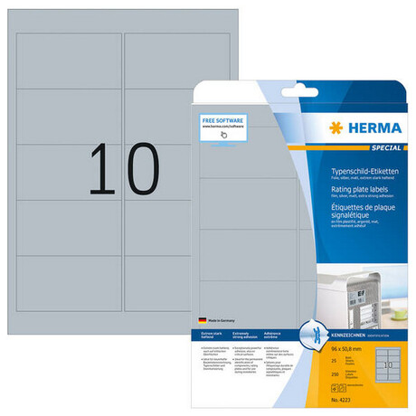 Ετικέτες Ασημί Ματ Herma 96x50.8mm 25 Φύλλα 250 Ετικέτες No 4223