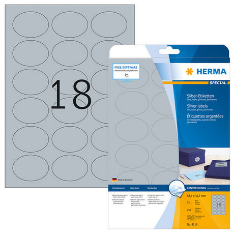 Ετικέτες Ασημί Οβάλ Glossy Herma 58.4x42.3mm 25 Φύλλα 450 Ετικέτες No 4116