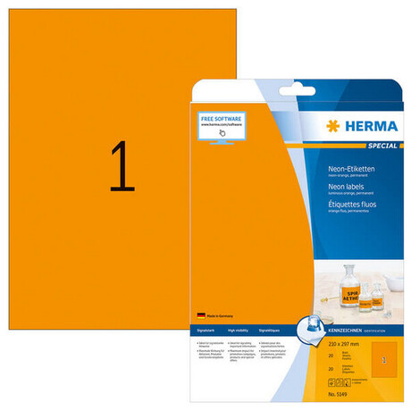 Ετικέτες Φωσφοριζέ Πορτοκαλί Herma 210x297 mm 20 Φύλλα 20 Ετικέτες No 5149