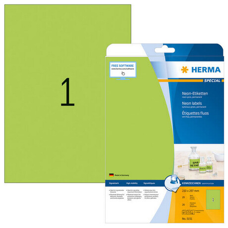 Ετικέτες Φωσφοριζέ Πράσινο Herma 210x297 mm 20 Φύλλα 20 Ετικέτες No 5151