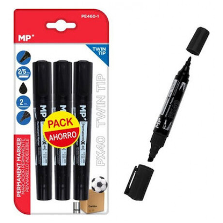 Μαρκαδόρος Ανεξίτηλος MP μέ δύο μύτες 2/5mm & 2mm Μαύρος σέτ 3τμχ PE460-1