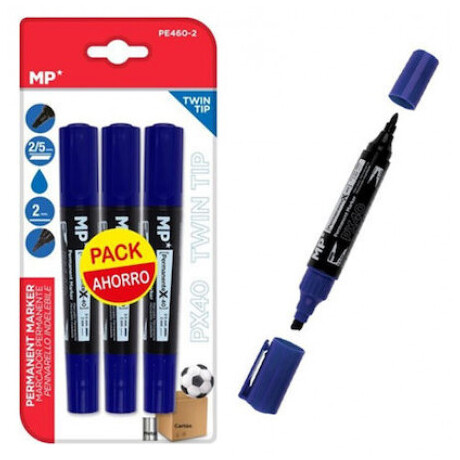 Μαρκαδόρος Ανεξίτηλος MP μέ δύο μύτες 2/5mm & 2mm Μπλε σέτ 3τμχ PE460-2
